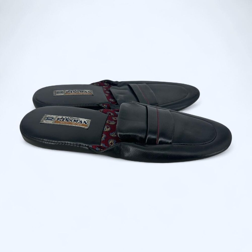 Black Leather Slip On House Slippers Paisley Lounge Shoes c. 1978